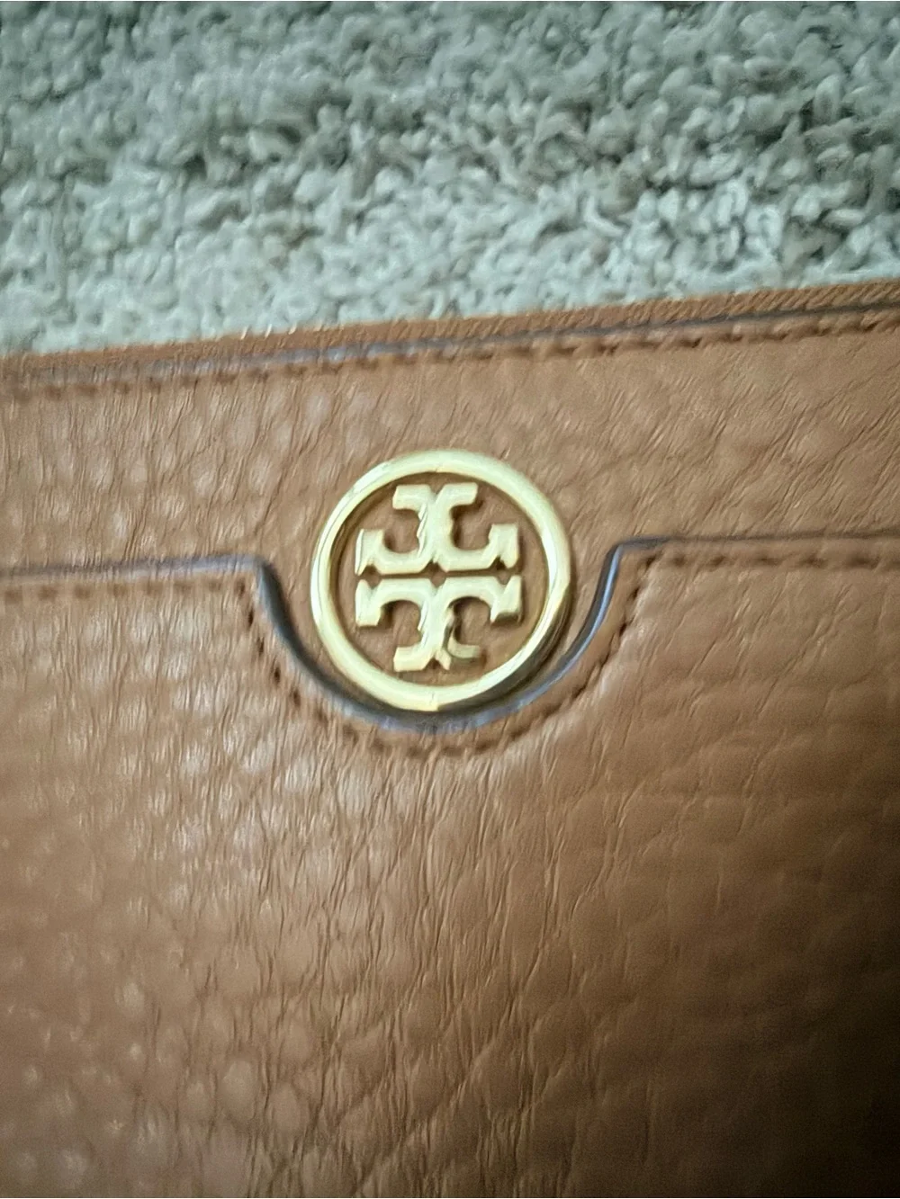 Tory Burch Pebbled Leather Wristlet/Clutch in Brown with Gold-Tone Logo